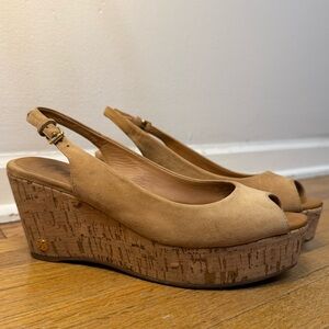 Tory Burch Tan Suede Cork Wedge Slingback Sandals Size 7 Peep Toe